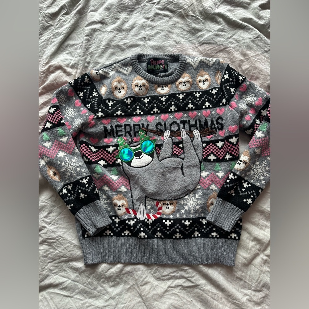 Happy Holidays Sloth Christmas Ugly Sweater Grey Knit Holiday Pullover Size S